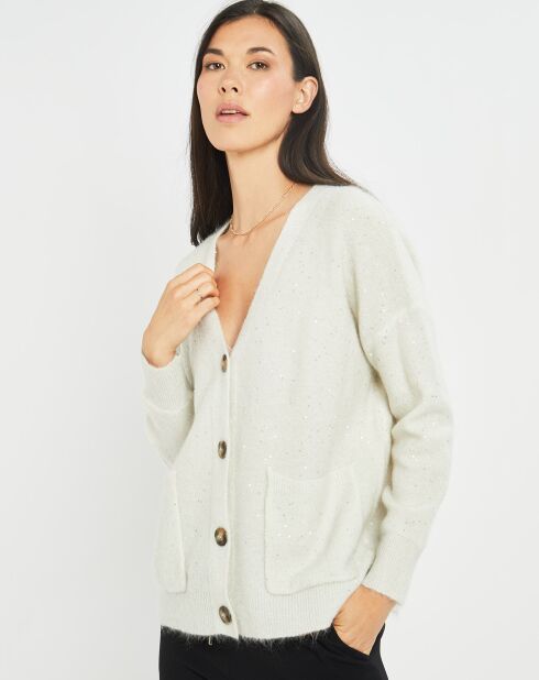 Cardigan en Laine & Mohair mélangés Basal à sequins blanc perle