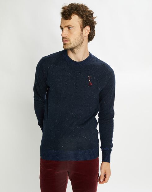 Pull en Laine mélangée col rond chiné bleu marine