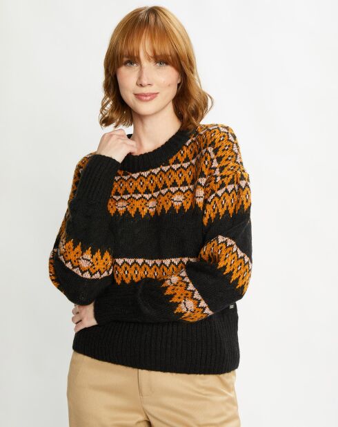 Pull Cable Fair Isle noir/orange