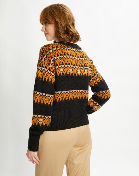 Pull Cable Fair Isle noir/orange