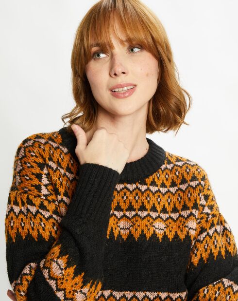 Pull Cable Fair Isle noir/orange