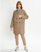 Manteau droit double boutonnage à carreaux beige/marron