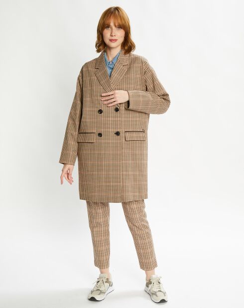 Manteau droit double boutonnage à carreaux beige/marron