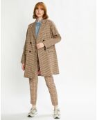 Manteau droit double boutonnage à carreaux beige/marron