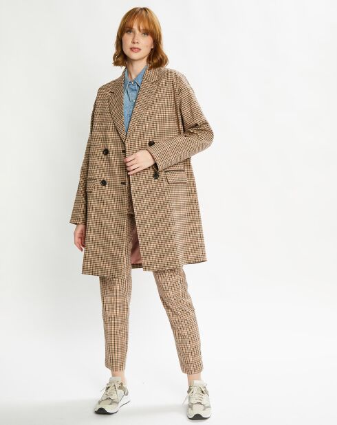 Manteau droit double boutonnage à carreaux beige/marron