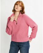 Pull col zippé en Coton Bio mélangé rose