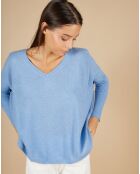 Pull poncho 100% Cachemire Emma col V bleu topaze