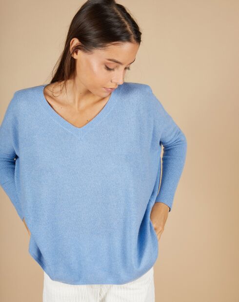 Pull poncho 100% Cachemire Emma col V bleu topaze