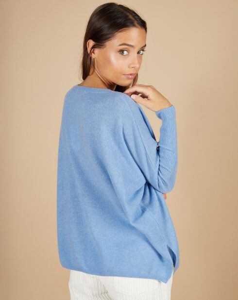 Pull poncho 100% Cachemire Emma col V bleu topaze