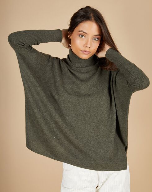 Pull poncho 100% Cachemire Lola col roulé kaki grisé