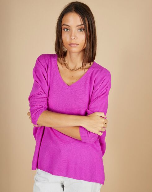 Pull poncho 100% Cachemire Emma col V violet fluo