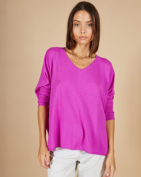 Pull poncho 100% Cachemire Emma col V violet fluo