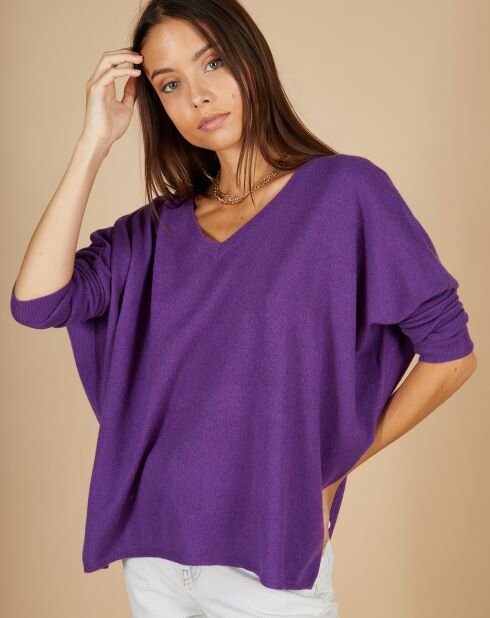 Pull poncho 100% Cachemire Emma col V aubergine