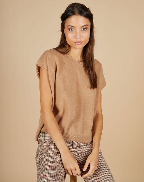 Pull 100% Cachemire manches courtes Charline boutons au dos camel