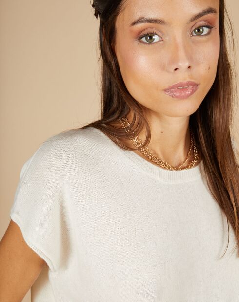 Pull 100% Cachemire manches courtes Charline boutons au dos blanc cassé