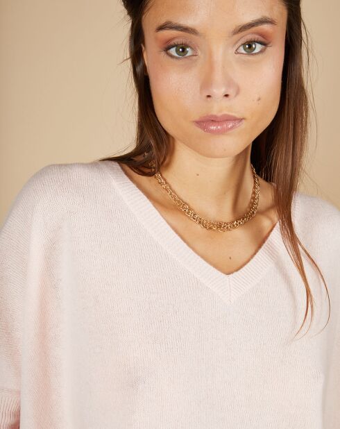 Pull poncho 100% Cachemire Kelly col V manches courtes rose pâle