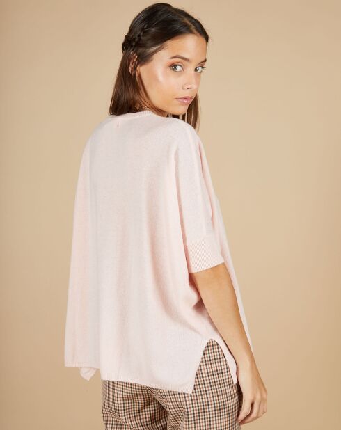 Pull poncho 100% Cachemire Kelly col V manches courtes rose pâle