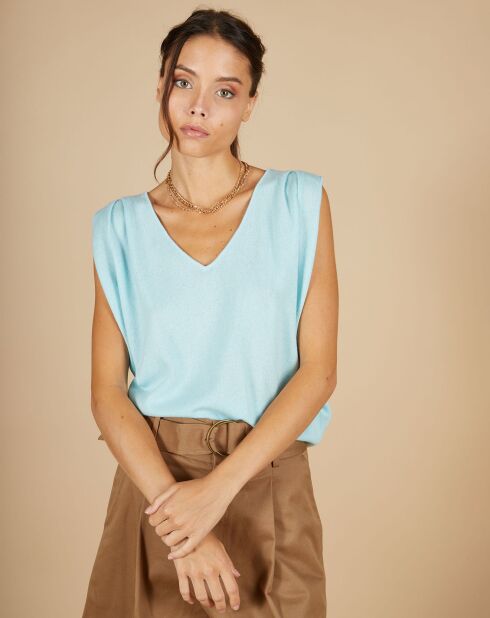 Pull 100% Cachemire Bella épaulettes bleu océan