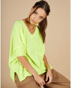 Pull poncho 100% Cachemire Kelly col V manches courtes jaune fluo