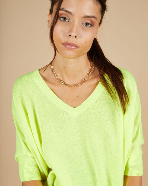 Pull poncho 100% Cachemire Kelly col V manches courtes jaune fluo