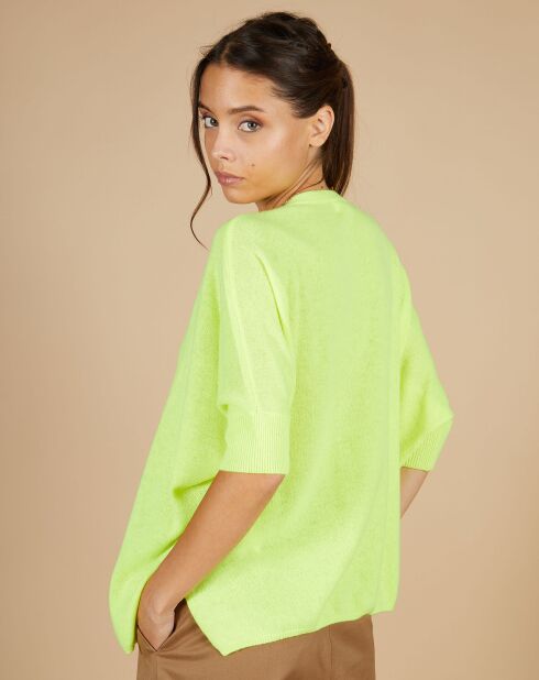 Pull poncho 100% Cachemire Kelly col V manches courtes jaune fluo