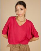 Pull poncho 100% Cachemire Kelly col V manches courtes fuschia