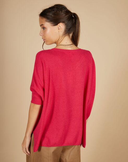 Pull poncho 100% Cachemire Kelly col V manches courtes fuschia