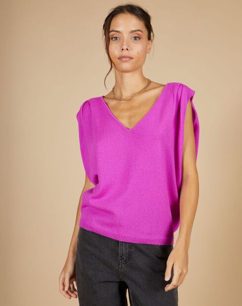 Pull 100% Cachemire Bella  épaulettes violet fluo