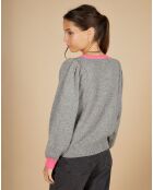 Pull 100% Cachemire Romane col rond gris chiné/liseré rose fluo