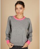 Pull 100% Cachemire Romane col rond gris chiné/liseré rose fluo