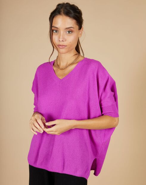 Pull poncho 100% Cachemire Kelly col V manches courtes violet fluo