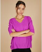 Pull poncho 100% Cachemire Kelly col V manches courtes violet fluo