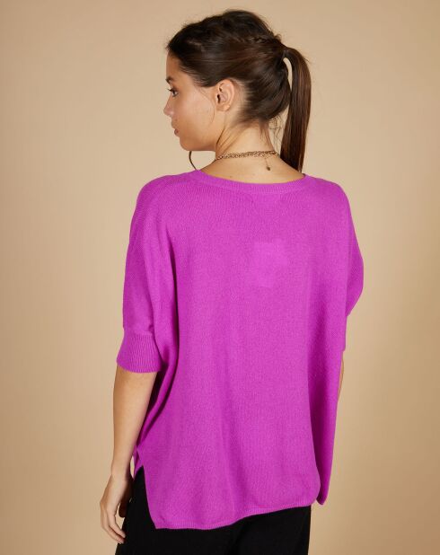 Pull poncho 100% Cachemire Kelly col V manches courtes violet fluo