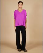 Pull poncho 100% Cachemire Kelly col V manches courtes violet fluo