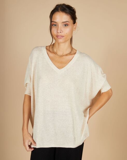 Pull poncho 100% Cachemire Kelly col V manches courtes beige chiné