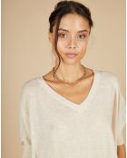 Pull poncho 100% Cachemire Kelly col V manches courtes beige chiné