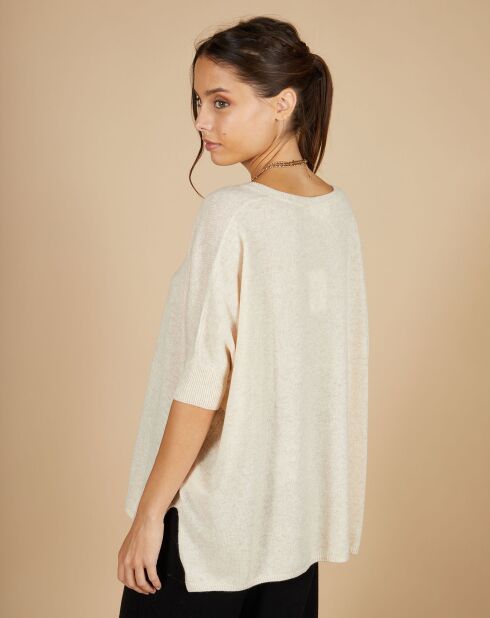 Pull poncho 100% Cachemire Kelly col V manches courtes beige chiné