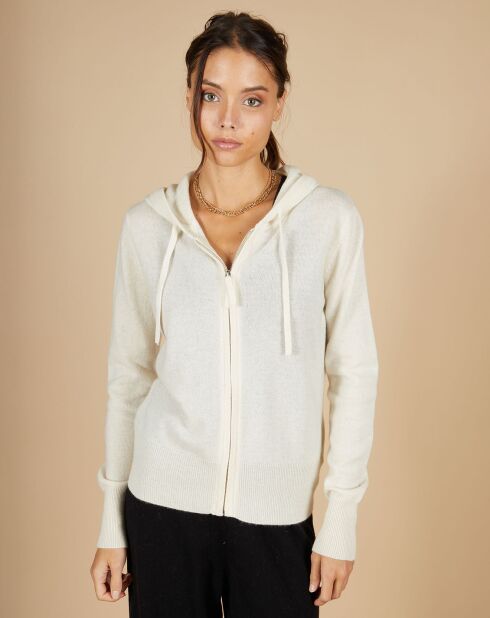 Gilet à capuche 100% Cachemire Blanche blanc cassé/kaki
