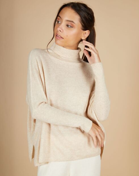 Pull poncho 100% Cachemire Lola  col roulé beige chiné