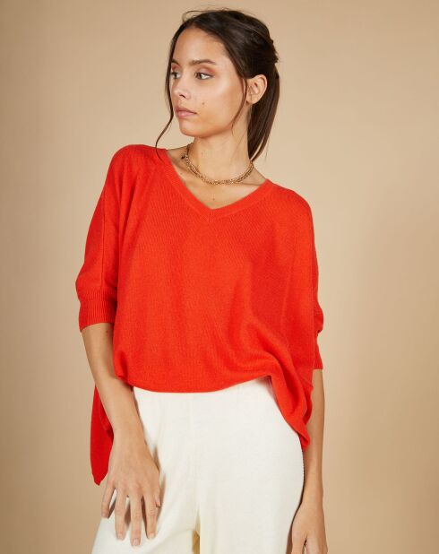 Pull poncho 100% Cachemire Kelly col V manches courtes orange