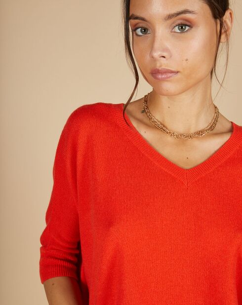 Pull poncho 100% Cachemire Kelly col V manches courtes orange