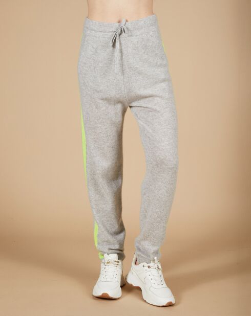 Jogging 100% Cachemire Coralie gris chiné clair/jaune fluo