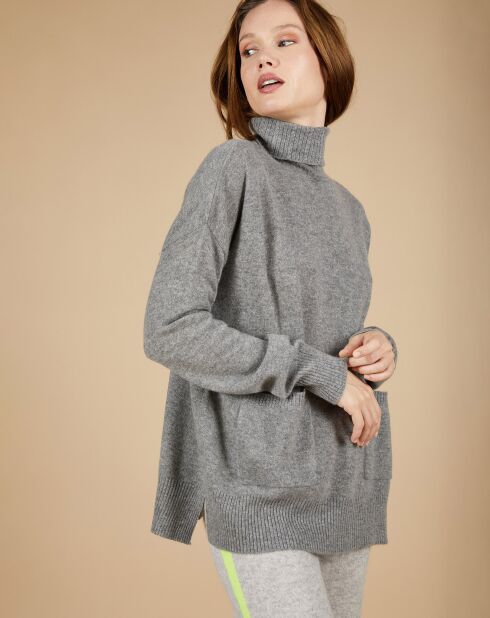 Pull ample 100% Cachemire Alicia Col roulé à poches gris chiné foncé