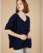 Pull poncho 100% Cachemire Kelly col V manches courtes bleu nuit
