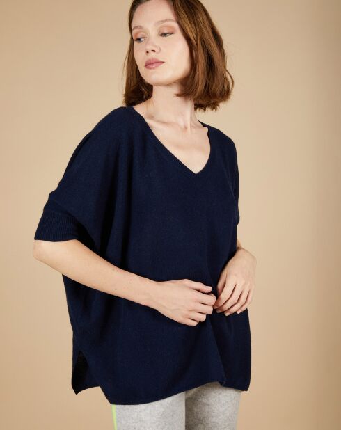 Pull poncho 100% Cachemire Kelly col V manches courtes bleu nuit