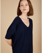 Pull poncho 100% Cachemire Kelly col V manches courtes bleu nuit