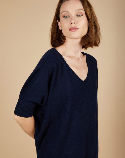 Pull poncho 100% Cachemire Kelly col V manches courtes bleu nuit