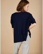 Pull poncho 100% Cachemire Kelly col V manches courtes bleu nuit