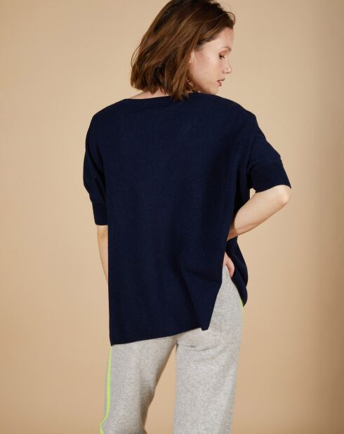 Pull poncho 100% Cachemire Kelly col V manches courtes bleu nuit