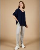Pull poncho 100% Cachemire Kelly col V manches courtes bleu nuit